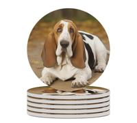 6PCS Basset Hound Coasters Non-Slip Round Drink Coasters with Ceramic Stone and Cork Base, Heat Resistant Absorbent 33.00Stone Coaster Set for Kinds of Mugs and Cups, 4 Inch