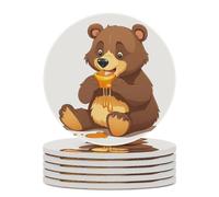 6PCS Bear Eating Coasters Non-Slip Round Drink Coasters with Ceramic Stone and Cork Base, Heat Resistant Absorbent 33.00Stone Coaster Set for Kinds of Mugs and Cups, 4 Inch