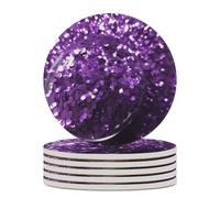6PCS Beautiful Purple Glitter Coasters Non-Slip Round Drink Coasters with Ceramic Stone and Cork Base, Heat Resistant Absorbent 33.00Stone Coaster Set for Kinds of Mugs and Cups, 4 Inch