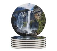 6PCS Beautiful Waterfall Coasters Non-Slip Round Drink Coasters with Ceramic Stone and Cork Base, Heat Resistant Absorbent 33.00Stone Coaster Set for Kinds of Mugs and Cups, 4 Inch