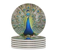 6PCS Beauty Peacock Coasters Non-Slip Round Drink Coasters with Ceramic Stone and Cork Base, Heat Resistant Absorbent 33.00Stone Coaster Set for Kinds of Mugs and Cups, 4 Inch