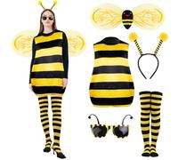 6Pcs Bee Costume Set for Adults, Women Carnival Outfit, Women Bee Cosplay Costume Set Fancy Dress with Wings Sunglasses Antenna Headband Leg Sleeves for Wo-men Halloween Party Cosplay Dress Up