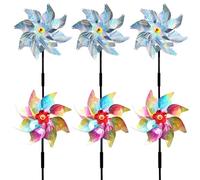 6PCS Bird Scarers Multicolour Reflective Bird Deterrent Windmills for Garden - 3Pcs Silver & Rainbow
