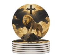 6PCS Black And Gold African Leo Lion King with Cross Coasters Non-Slip Round Drink Coasters with Ceramic Stone And Cork Base, Heat Resistant Absorbent 33.00Stone Coaster Set for Kinds of Mugs And Cups