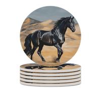 6PCS Black Arabian Horse Coasters Non-Slip Round Drink Coasters with Ceramic Stone and Cork Base, Heat Resistant Absorbent 33.00Stone Coaster Set for Kinds of Mugs and Cups, 4 Inch