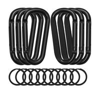6PCS Black Climbing Carabiner Clips, D-shape Large Metal clips, Aluminium Alloy Snap Hooks, Multi-functional Karabiner with 10 Key Rings for Outdoor Walking Camping Hiking