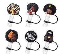 6Pcs Black Girl Straw Cover Cap for Stanley Cup Accessories, 10mm Cute Black Drinking Straw Topper for 40oz 30oz Stanley Tumbler, Dust-Proof Reusable Straw Tips Valentines Decor Gifts for Women