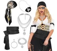 6Pcs Black Pirate Costume Accessories Set for Women, Pirate Role Play Outfit with Headscarf Sash Belt Eye Patch Earring Necklace Bracelet for Dress Up Day Stage Performance Halloween Party