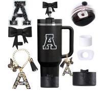 6pcs Black Stanley Cup Accessories Set, Bow Straw Topper for Stanley Cup 30oz 40oz, Including Straw Topper and Bow Silicone Boot, Stoppers Spill Proof, Handle Charm, Initials Sticker