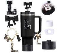 6pcs Black Stanley Cup Accessories Set, Bow Straw Topper for Stanley Cup 30oz 40oz, Including Straw Topper and Bow Silicone Boot, Stoppers Spill Proof, Handle Charm, Initials Sticker