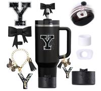 6pcs Black Stanley Cup Accessories Set, Bow Straw Topper for Stanley Cup 30oz 40oz, Including Straw Topper and Bow Silicone Boot, Stoppers Spill Proof, Handle Charm, Initials Sticker