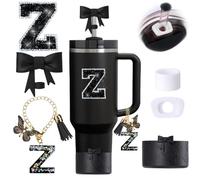 6pcs Black Stanley Cup Accessories Set, Bow Straw Topper for Stanley Cup 30oz 40oz, Including Straw Topper and Bow Silicone Boot, Stoppers Spill Proof, Handle Charm, Initials Sticker
