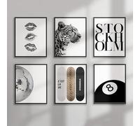 6PCS Black White Canvas Wall Art Disco Ball Poster Trendy Cheetah Lucky 8 Ball Picture Funky Leopard Print Wall Decor Artwork for Living Room Painting 8x10in Unframed