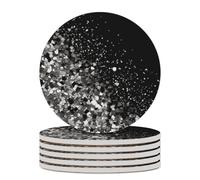 6PCS Black White Glitter Coasters Non-Slip Round Drink Coasters with Ceramic Stone and Cork Base, Heat Resistant Absorbent 33.00Stone Coaster Set for Kinds of Mugs and Cups, 4 Inch