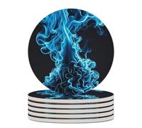 6PCS Blue Flame Coasters Non-Slip Round Drink Coasters with Ceramic Stone and Cork Base, Heat Resistant Absorbent 33.00Stone Coaster Set for Kinds of Mugs and Cups, 4 Inch