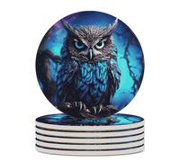 6PCS Blue Owl Coasters Non-Slip Round Drink Coasters with Ceramic Stone and Cork Base, Heat Resistant Absorbent 33.00Stone Coaster Set for Kinds of Mugs and Cups, 4 Inch
