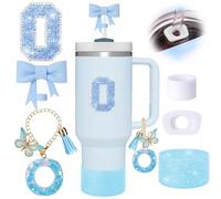 6pcs Blue Stanley Cup Accessories Set, Bow Straw Topper for Stanley Cup 30oz 40oz, Including Straw Topper and Sparkly Silicone Boot, Stoppers Spill Proof, Handle Charm, Initials Sticker