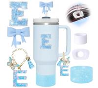 6pcs Blue Stanley Cup Accessories Set, Bow Straw Topper for Stanley Cup 30oz 40oz, Including Straw Topper and Sparkly Silicone Boot, Stoppers Spill Proof, Handle Charm, Initials Sticker