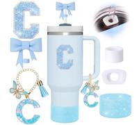 6pcs Blue Stanley Cup Accessories Set, Bow Straw Topper for Stanley Cup 30oz 40oz, Including Straw Topper and Sparkly Silicone Boot, Stoppers Spill Proof, Handle Charm, Initials Sticker