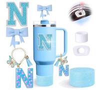 6pcs Blue Stanley Cup Accessories Set, Bow Straw Topper for Stanley Cup 30oz 40oz, Including Straw Topper and Sparkly Silicone Boot, Stoppers Spill Proof, Handle Charm, Initials Sticker