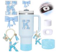 6pcs Blue Stanley Cup Accessories Set, Bow Straw Topper for Stanley Cup 30oz 40oz, Including Straw Topper and Sparkly Silicone Boot, Stoppers Spill Proof, Handle Charm, Initials Sticker