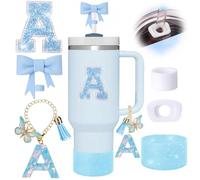 6pcs Blue Stanley Cup Accessories Set, Bow Straw Topper for Stanley Cup 30oz 40oz, Including Straw Topper and Sparkly Silicone Boot, Stoppers Spill Proof, Handle Charm, Initials Sticker