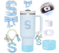 6pcs Blue Stanley Cup Accessories Set, Bow Straw Topper for Stanley Cup 30oz 40oz, Including Straw Topper and Sparkly Silicone Boot, Stoppers Spill Proof, Handle Charm, Initials Sticker