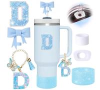6pcs Blue Stanley Cup Accessories Set, Bow Straw Topper for Stanley Cup 30oz 40oz, Including Straw Topper and Sparkly Silicone Boot, Stoppers Spill Proof, Handle Charm, Initials Sticker