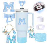 6pcs Blue Stanley Cup Accessories Set, Bow Straw Topper for Stanley Cup 30oz 40oz, Including Straw Topper and Sparkly Silicone Boot, Stoppers Spill Proof, Handle Charm, Initials Sticker