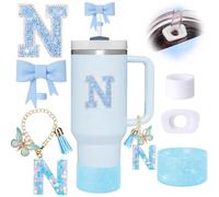 6pcs Blue Stanley Cup Accessories Set, Bow Straw Topper for Stanley Cup 30oz 40oz, Including Straw Topper and Sparkly Silicone Boot, Stoppers Spill Proof, Handle Charm, Initials Sticker