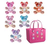 6Pcs Bogg Bag Charms Transparent Glitter Bear Decorative Accessories for Bogg Bag Rubber Tote Beach Bags, Multi-Color Heart Design Bear Charms - Perfect for Bogg Bag Tote Bag Customization, Beach Bag