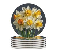 6PCS Bouquet of Daffodils Coasters Non-Slip Round Drink Coasters with Ceramic Stone and Cork Base, Heat Resistant Absorbent 33.00Stone Coaster Set for Kinds of Mugs and Cups, 4 Inch