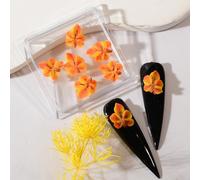 6Pcs/Box Autumn Gradient 3D Resin Flower & Leaf Charms Set, Crystal Rhinestone Nail Art Decorations for DIY Manicure/Gel Nails, Thanksgiving Mixed Nail Charms Kit (Warm Orange)