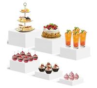 6Pcs Buffet Risers, Acrylic Cupcake & Dessert Display Stand Set, White Food Risers with Hollow Bottoms for Buffet Table, Cube Boxes Display Stands for Party, Wedding, and Event Decor