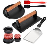 6PCS Burger Press Set for Blackstone - Round Smash Burger Press & Rectangle Cast Iron Grill Press with Wooden Handle, Stainless Steel Griddle Spatula, Hamburger Press and Basting Brush for Barbecue