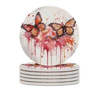 6PCS Butterfly Drip Spray Watercolor Coasters Non-Slip Round Drink Coasters with Ceramic Stone and Cork Base, Heat Resistant Absorbent 33.00Stone Coaster Set for Kinds of Mugs and Cups, 4 Inch