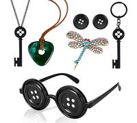 6PCS Button Glasses Costume Accessories Set, Halloween Cosplay Kit with Button Eyes Glasses Black Keychain Dragonfly Hair Clips Green Seeing Stone Necklace Fancy Dress for Women & Girls Theme Party
