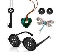 6PCS Button Glasses Party Accessories Set, Halloween Costume Accessories with Button Eyes Glasses Key Necklace Dragonfly Hair Clips Coraline Costume for Women Girl Halloween Cosplay