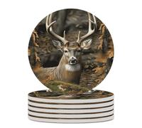 6PCS Camouflage Deer Coasters Non-Slip Round Drink Coasters with Ceramic Stone and Cork Base, Heat Resistant Absorbent 33.00Stone Coaster Set for Kinds of Mugs and Cups, 4 Inch