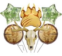 6Pcs Camping Hunting Birthday Party Decor/Buck Deer Head Bear Claw Wood Grain Balloons for Military Graduation Party，One Happy Camper, Father’s Day, Hunter Camouflage Birthday, Forest Adventure