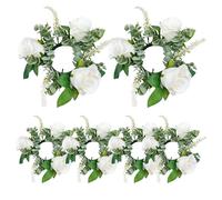 6Pcs Candle Ring Wreaths, Artificial Rose Floral Candle Rings Christmas Candle Ring Fake Roses Flowers Wedding Centerpieces for Festival Dining Table Decor, White