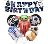 6PCS Cartoon Birthday Decorations Balloons, Cartoon Yoda Foil Balloons Wars Theme Party Decorations Set with Banner, Wars Birthday Party Supplies for Kids Boys Girls