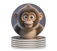6PCS Cartoon Brown Monkey Coasters Non-Slip Round Drink Coasters with Ceramic Stone and Cork Base, Heat Resistant Absorbent 33.00Stone Coaster Set for Kinds of Mugs and Cups, 4 Inch