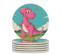 6PCS Cartoon Dinosaur Images Coasters Non-Slip Round Drink Coasters with Ceramic Stone and Cork Base, Heat Resistant Absorbent 33.00Stone Coaster Set for Kinds of Mugs and Cups, 4 Inch