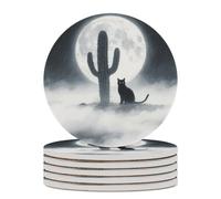6PCS Cat Cactus Coasters Non-Slip Round Drink Coasters with Ceramic Stone and Cork Base, Heat Resistant Absorbent 33.00Stone Coaster Set for Kinds of Mugs and Cups, 4 Inch