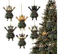 6Pcs Cat Christmas Ornaments,Christmas Decorations,2D Wooden Funny Cat Dressed As A Xmas Tree,Funny Cats Decoration Xmas Tree Baubles Decor,Perfect For ChristmasTree Doors Bags & More