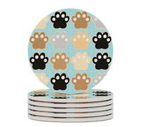 6PCS Cat Pawprints Coasters Non-Slip Round Drink Coasters with Ceramic Stone and Cork Base, Heat Resistant Absorbent 33.00Stone Coaster Set for Kinds of Mugs and Cups, 4 Inch