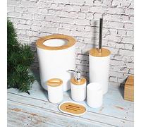 6Pcs Ceramic Bathroom Accessory Set, Bamboo Bathroom Accessories Toilet Tools Set, Trash Can Lotion Bottle Soap Tray Tooth Brush Toilet Brush with Holder Cup Set PP Plastic and Bamboo(White)