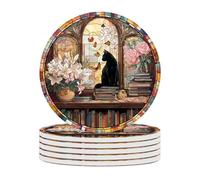 6pcs Ceramic Coaster Set with Tray Diameter: 4.1 in Thickened Absorbent Material Heat-Resistant and Water-Absorbent Coaster Set Suitable for All Types of Cups.Vintage Flower Cat Coasters