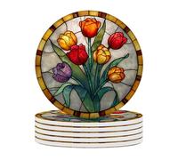 6pcs Ceramic Coaster Set with Tray Diameter: 4.1 in Thickened Absorbent Material Heat-Resistant and Water-Absorbent Coaster Set Suitable for All Types of Cups.Colorful Tulips Coasters